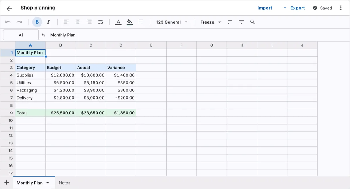 Slapsoil spreadsheet editor showing a sample budget with formulas and multiple tabs